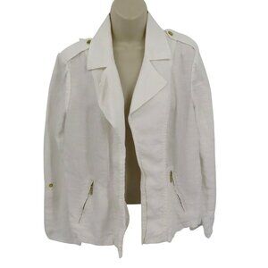 Chicos Women 12 Large 2 White Linen Gold Tone Metal Open Front Blazer Jacket